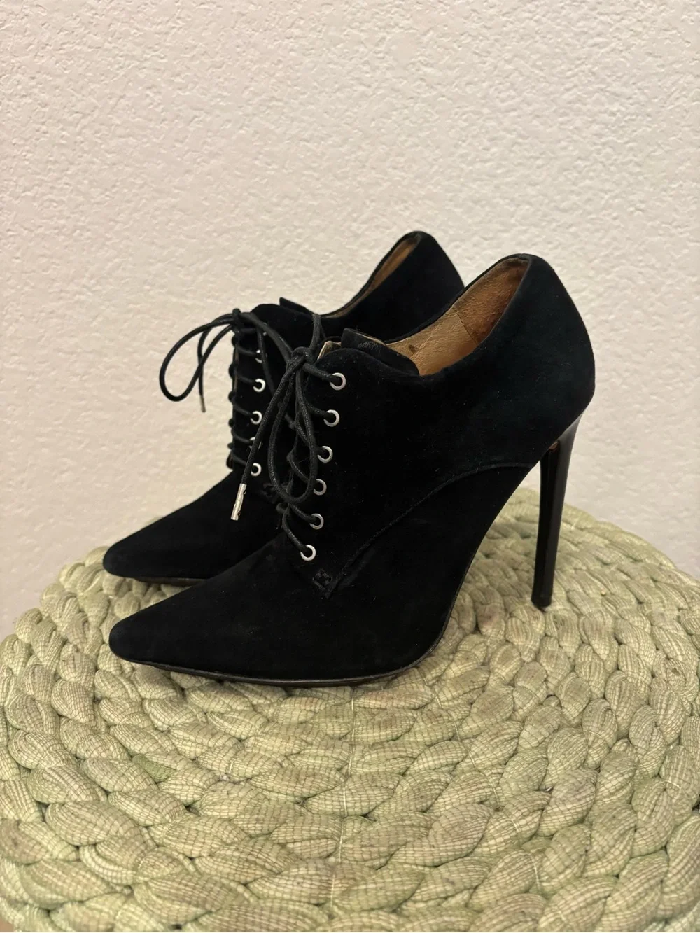 L.A.M.B. Black Suede Lace-Up Stiletto Point Toe Booties Size 8